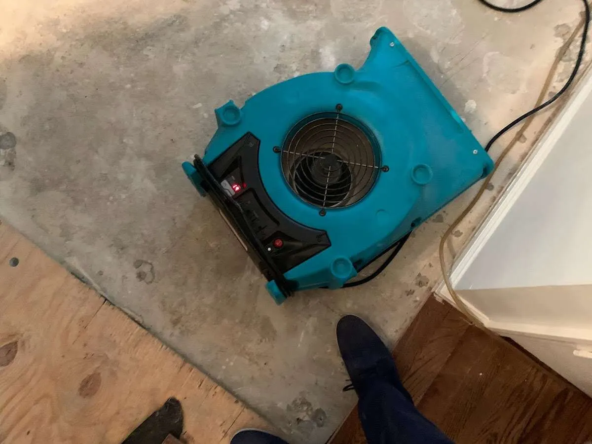 Air mover drying subfloor during Commercial Water Damage Restoration in Doffing